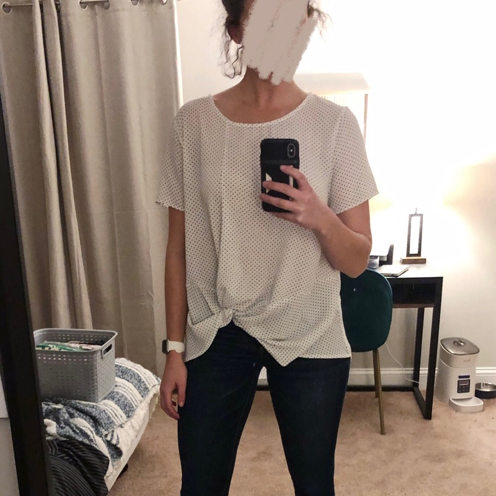 Medium Tula blouse. Very light material. White with navy polka dots. Tie front